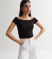 New Look Black Ribbed Jersey Bardot Frill Button Front Crop Top